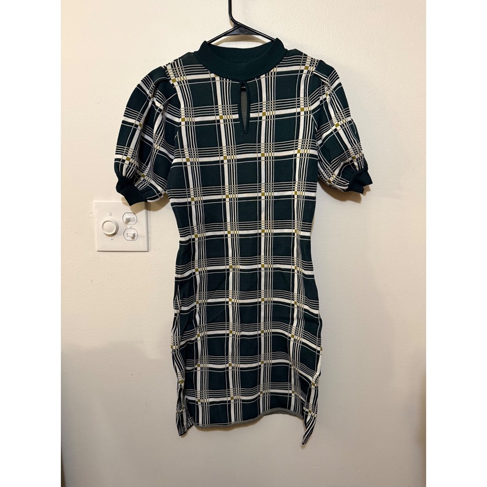 New York & Company Plaid Checkered Green & White Dress Size S